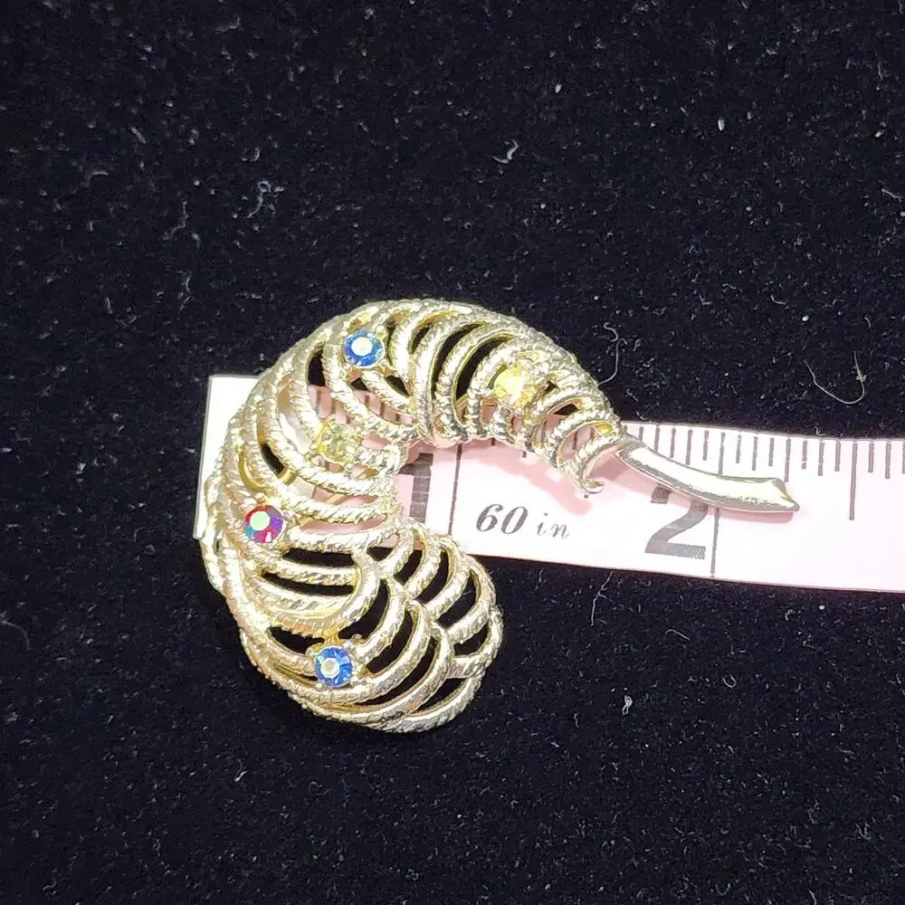 Feather Plume Aurora  Borealis Rhinestone Brooch Gold Tone C Hook Latch Vintage